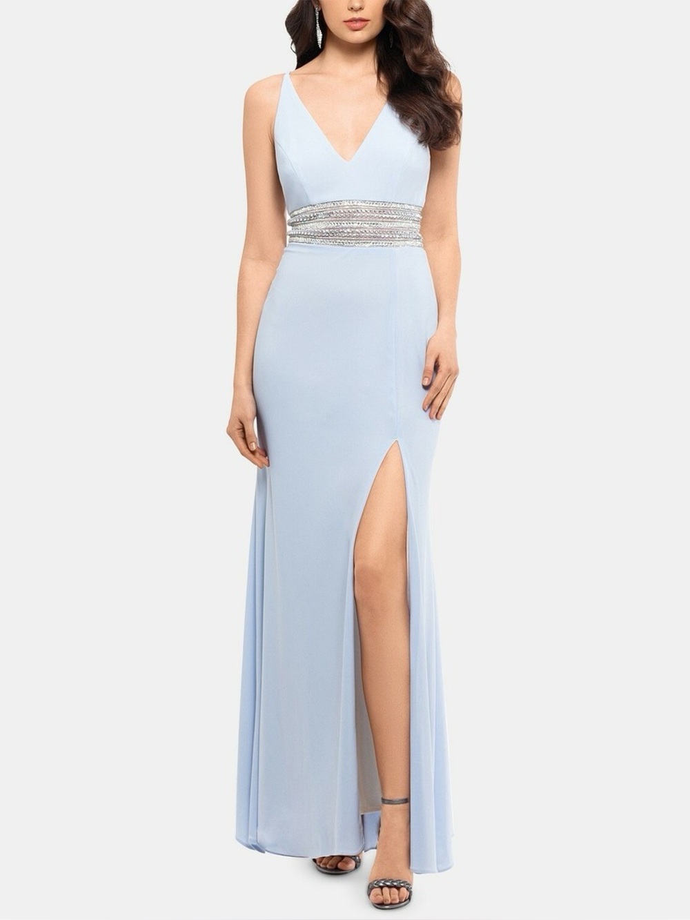 Xscape Light Blue V-Neck Gown with Beaded Waistband